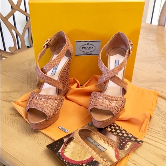 Authentic Prada Tan Woven Leather Wedges - Picture 3 of 8